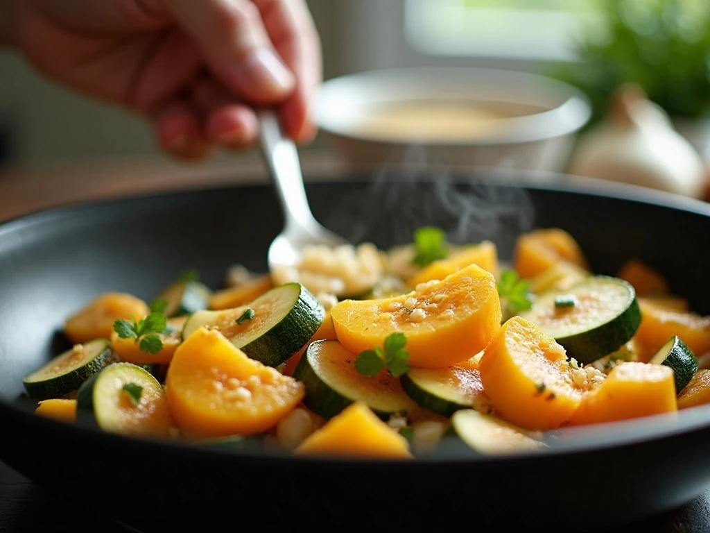 Sautéing squash, zucchini, onion, and garlic for casserole