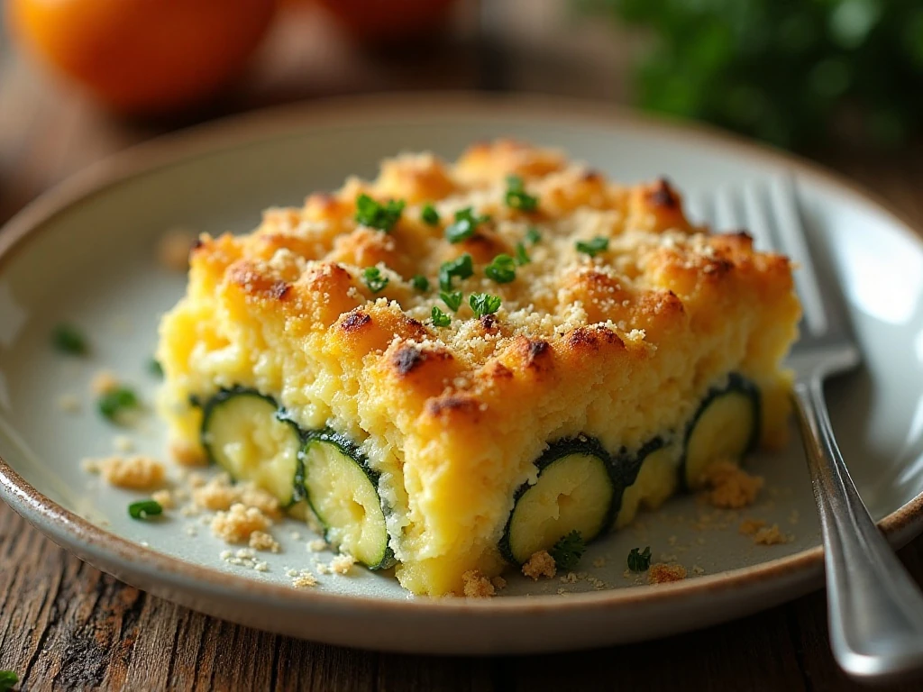 Close-up serving of cheesy squash casserole with crisp topping