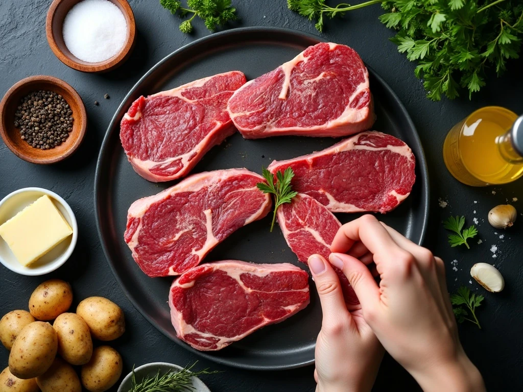 Ingredients for steak frites with steak, potatoes, herbs, and butter