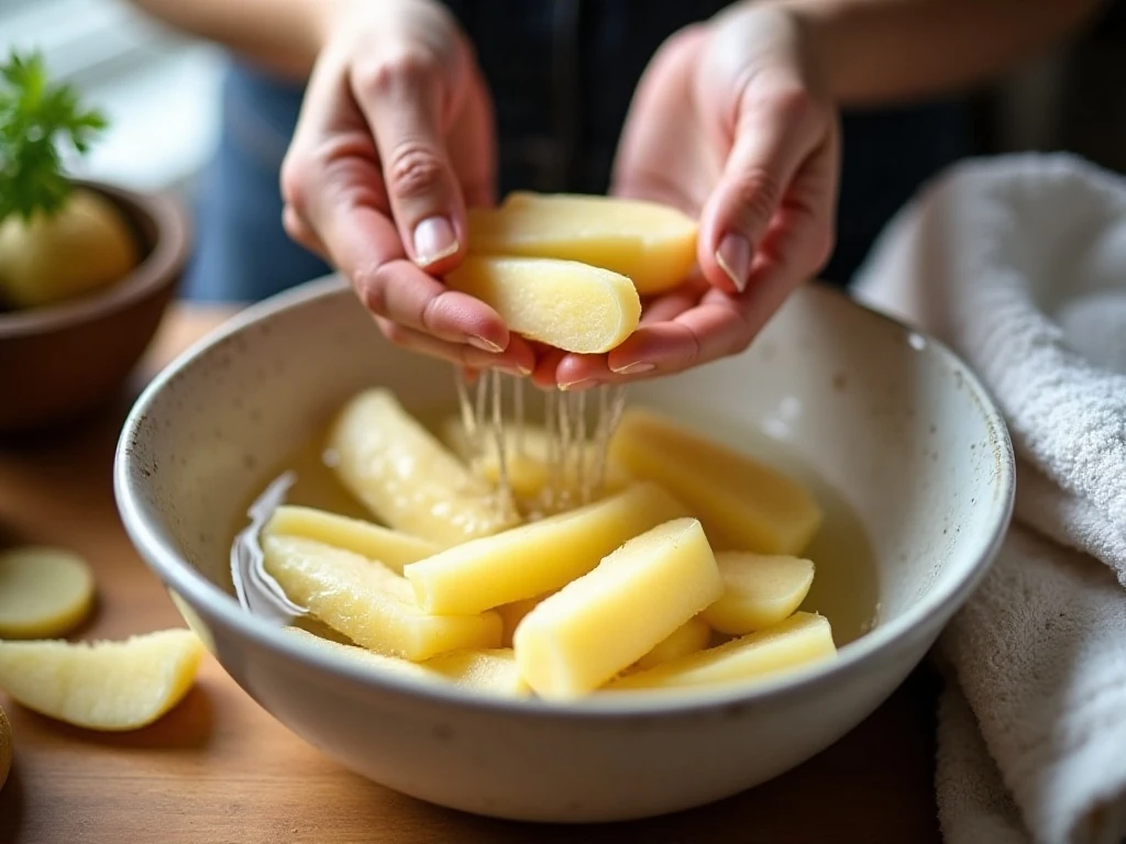 Thin potato sticks soaking in cold water before frying
