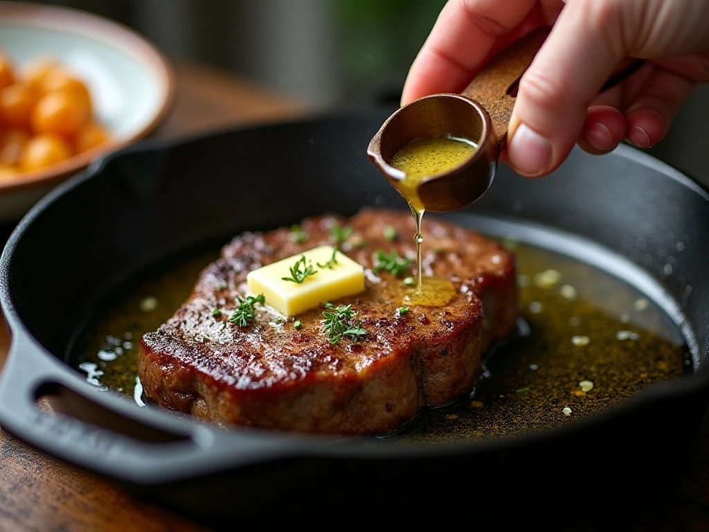 Steak searing with butter garlic and thyme in a cast iron skillet