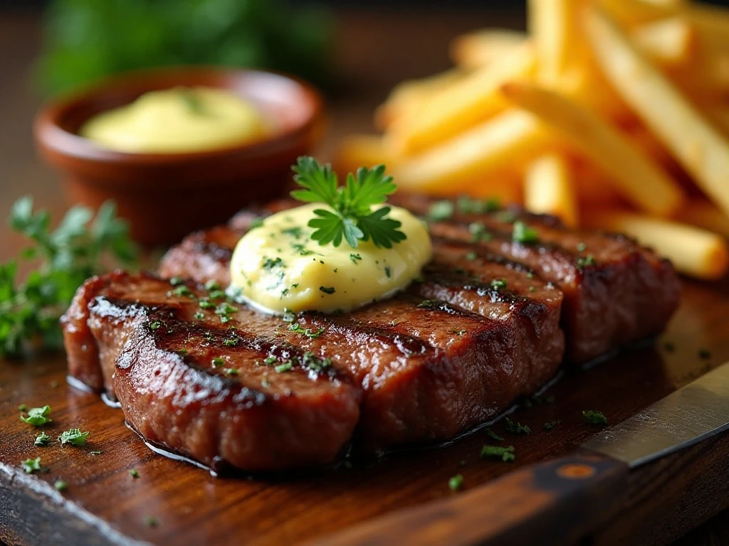 Sliced steak with melting herb butter and crisp French fries