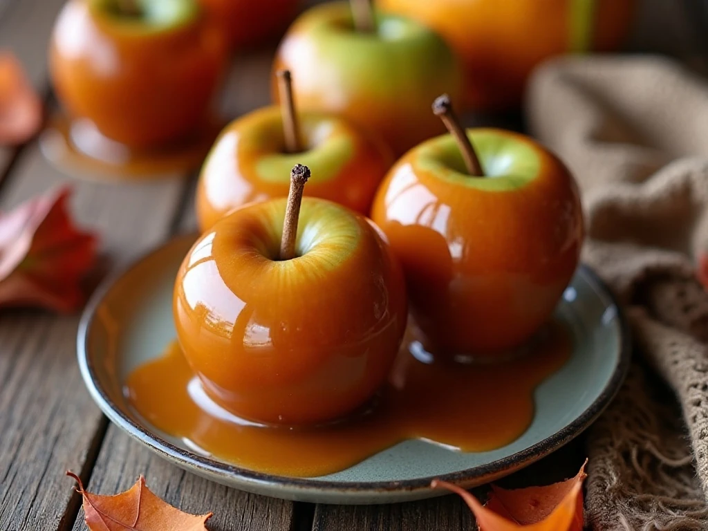 Homemade caramel apples arranged for a fall dessert table