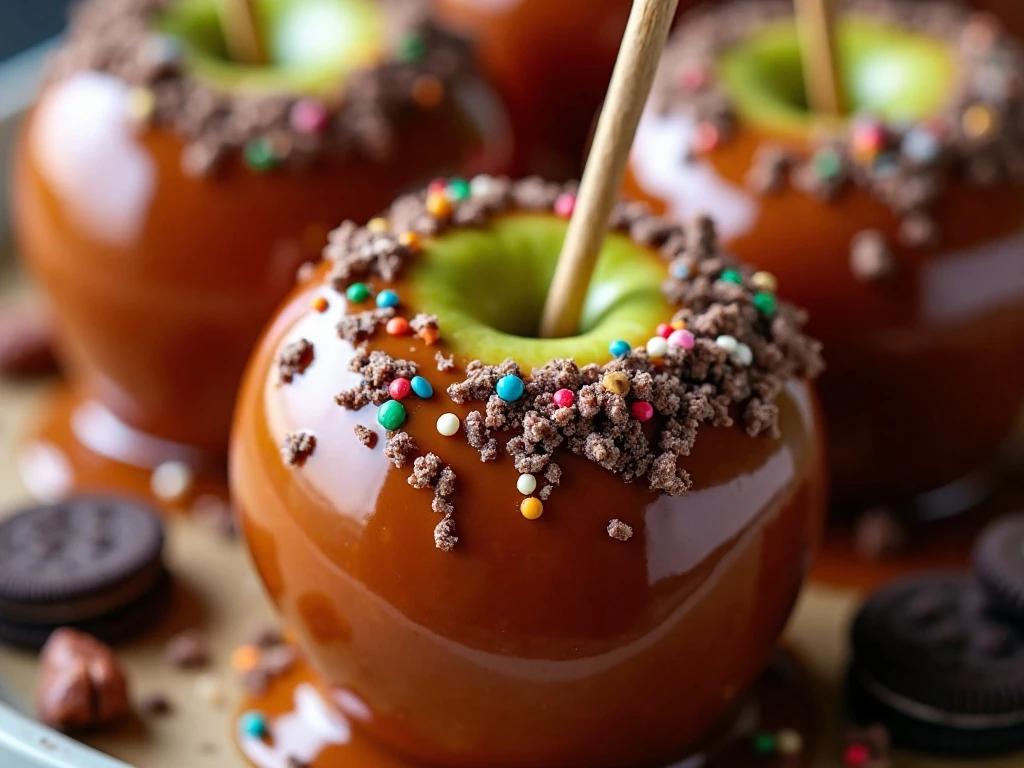 Caramel apples with nuts sprinkles cookies and sea salt