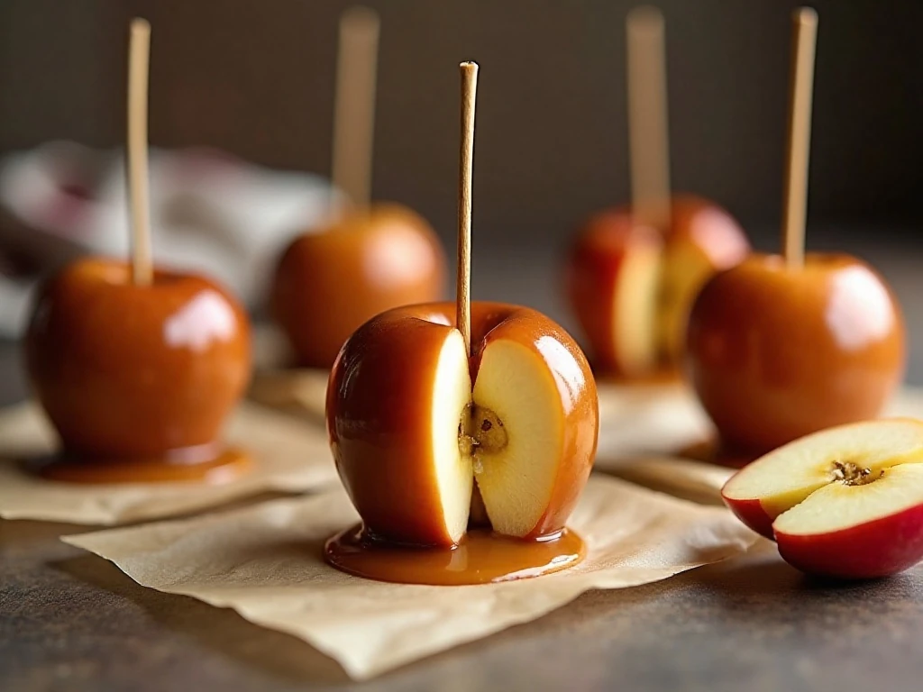 Caramel apples ready to serve on parchment