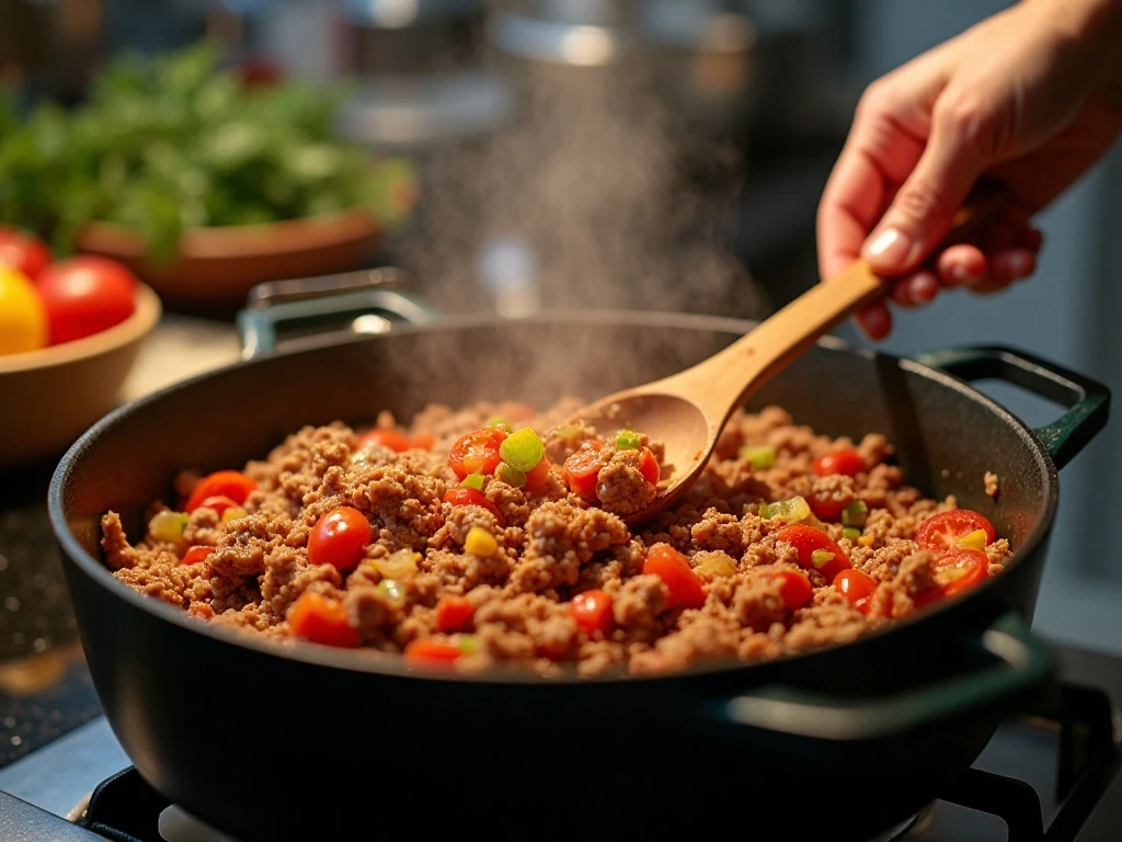 Browning ground turkey and vegetables for homemade chili