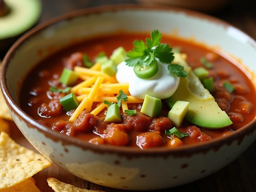 Turkey chili with cheese avocado cilantro and lime toppings
