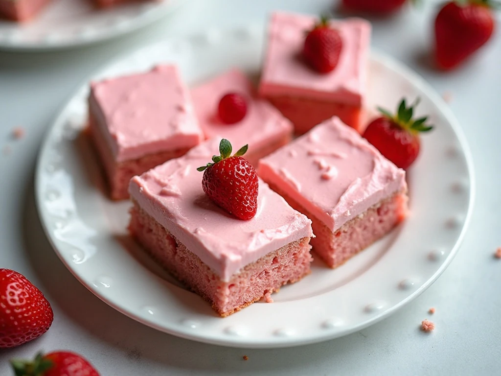 Slices of easy strawberry cake with pink strawberry frosting