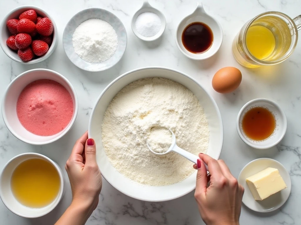 Ingredients for homemade strawberry cake and strawberry frosting