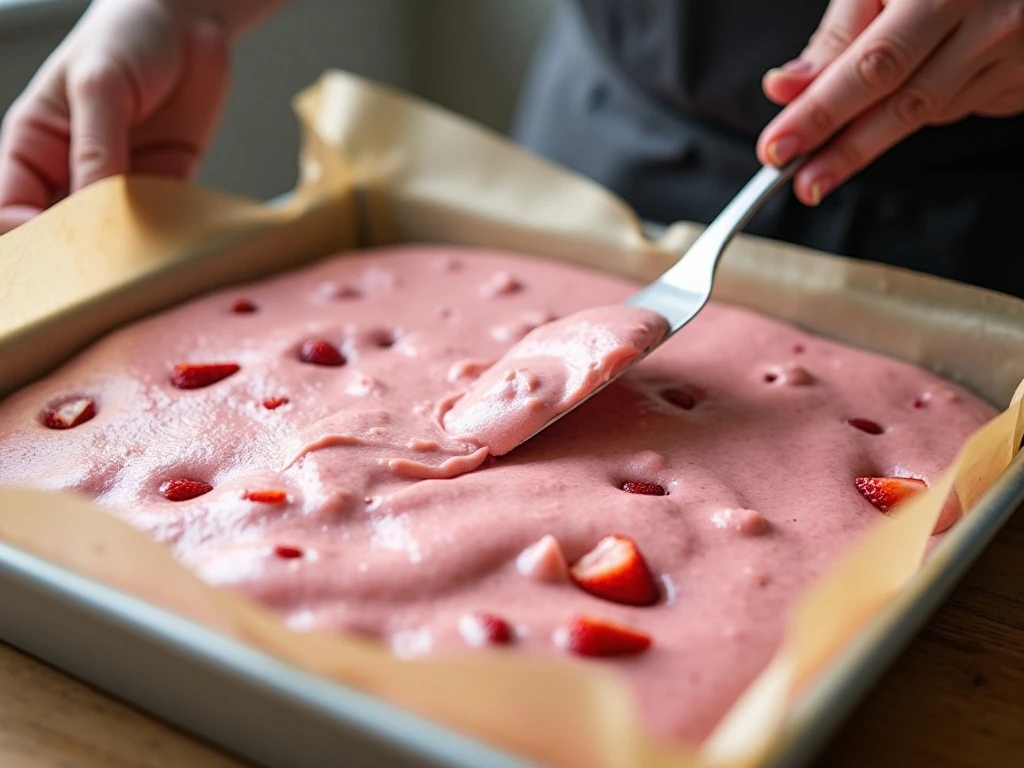 Strawberry cake batter spread in a baking pan before baking