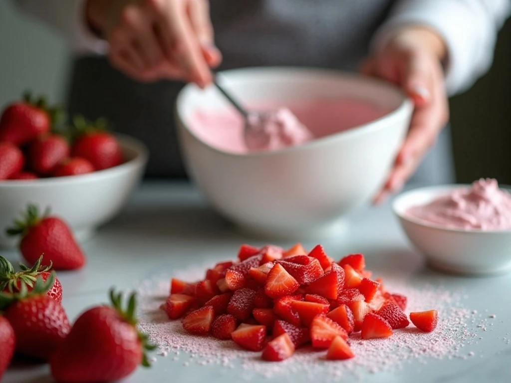 Drained strawberries and strawberry purée prepared for cake frosting