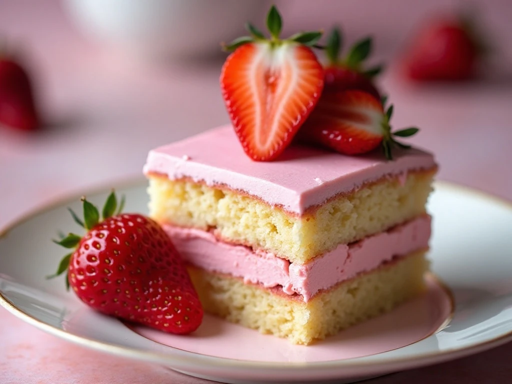 Chilled strawberry cake square ready to serve
