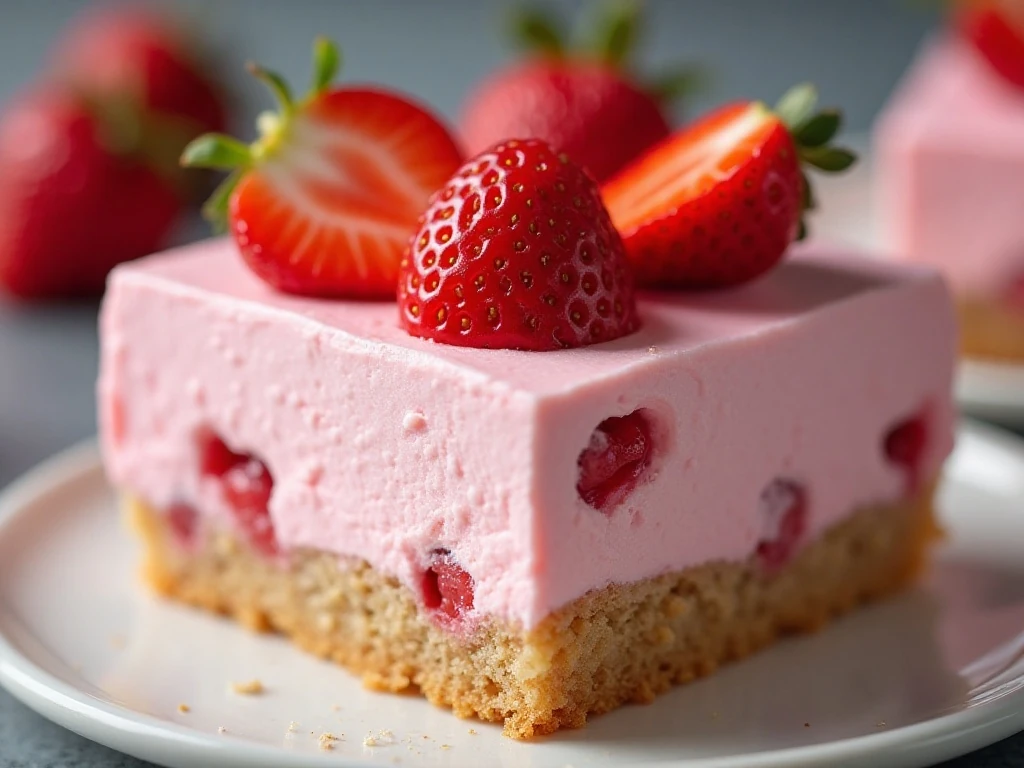 Close-up of strawberry buttercream and fresh strawberry garnish