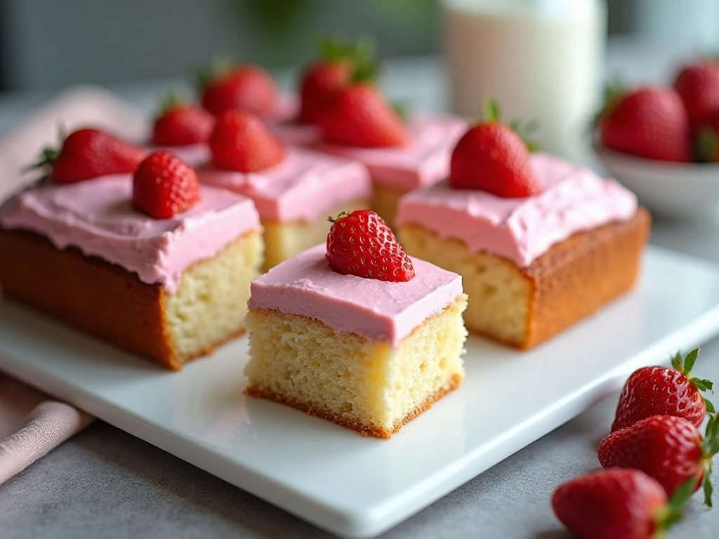 Easy strawberry cake squares with pink frosting and fresh strawberries