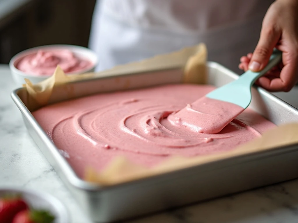 Strawberry cake batter being spread in a baking pan