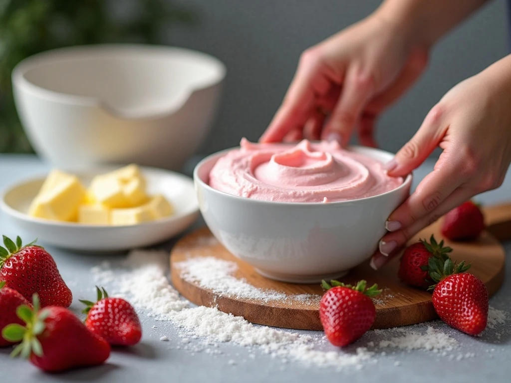 Finely mashed strawberries prepared for strawberry cake frosting