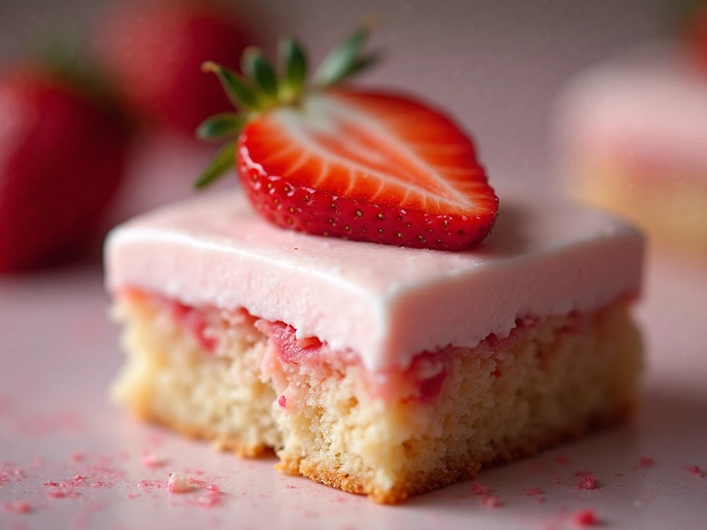 Close-up slice of strawberry cake topped with fresh berries