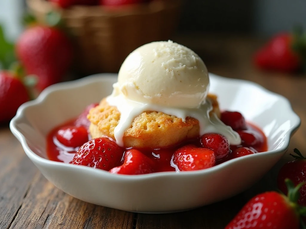 Warm strawberry cobbler with vanilla ice cream