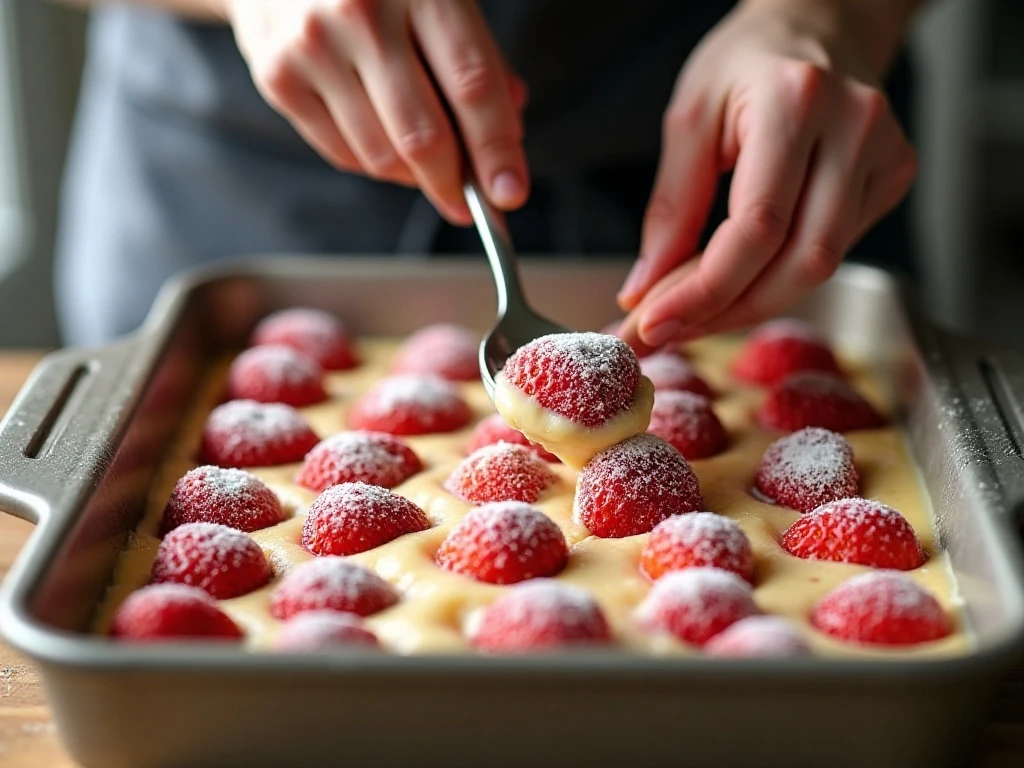 Layering strawberries over cobbler batter