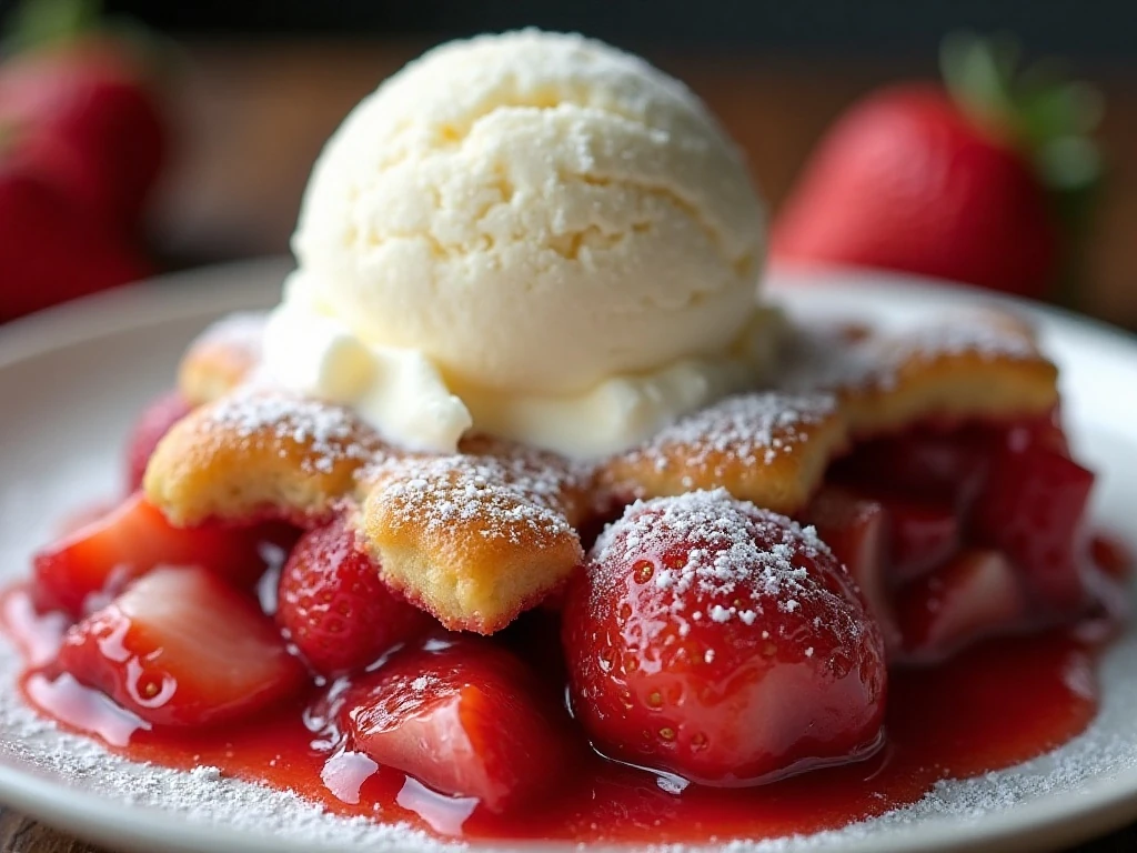 Strawberry cobbler topped with ice cream and powdered sugar