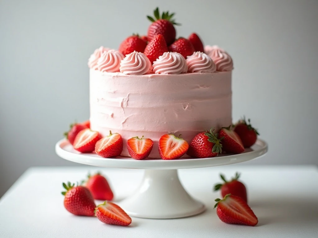 Two-layer cake covered with homemade strawberry frosting
