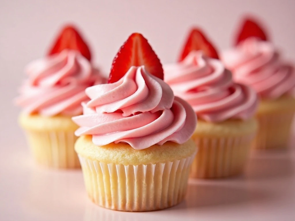 Cupcakes decorated with strawberry buttercream swirls