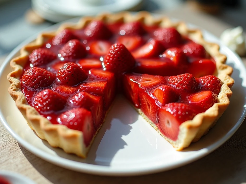 Fresh strawberry pie with glossy berries and whipped cream
