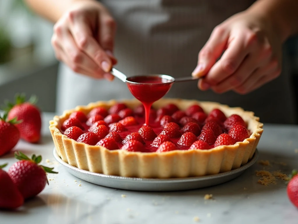 Preparing strawberries and glaze for a homemade pie