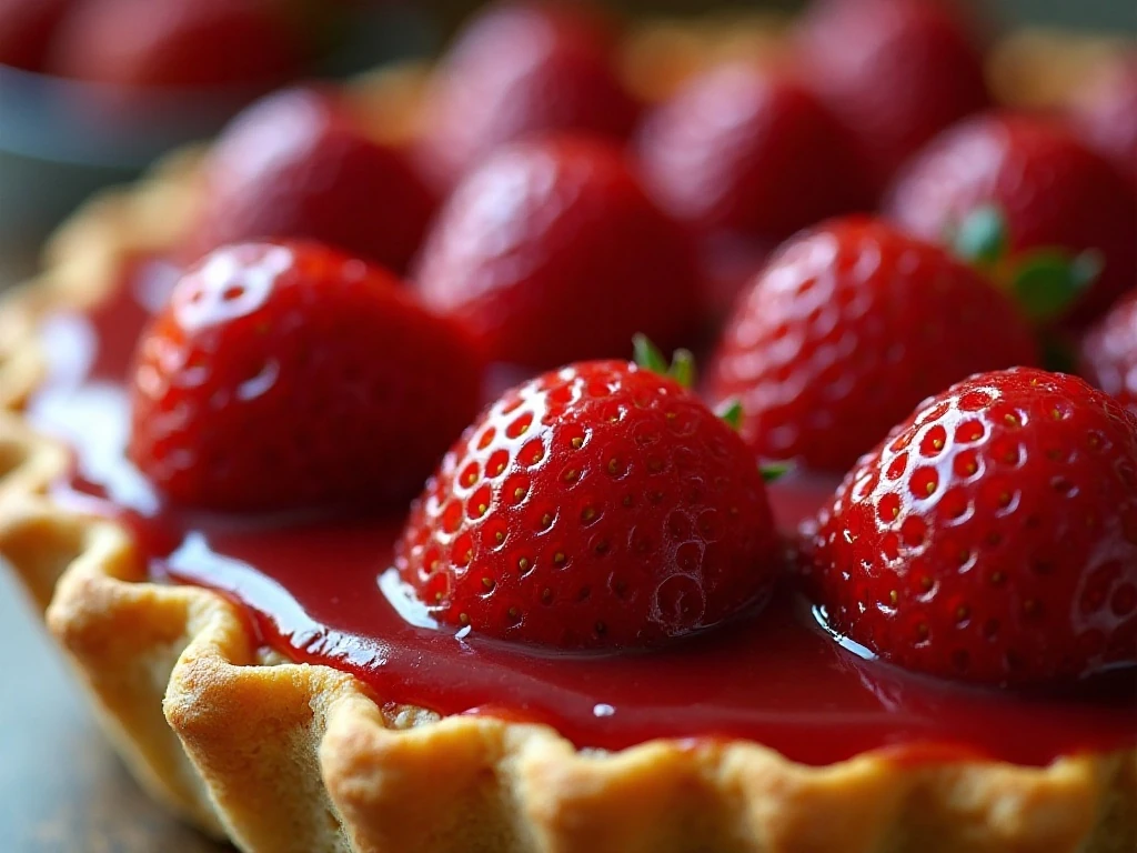 Glossy strawberry glaze and ripe berries in pie crust