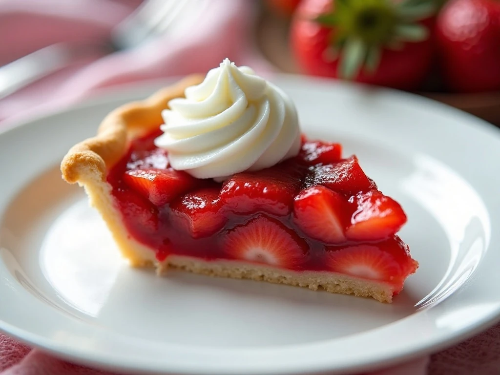 Slice of strawberry pie served with whipped cream