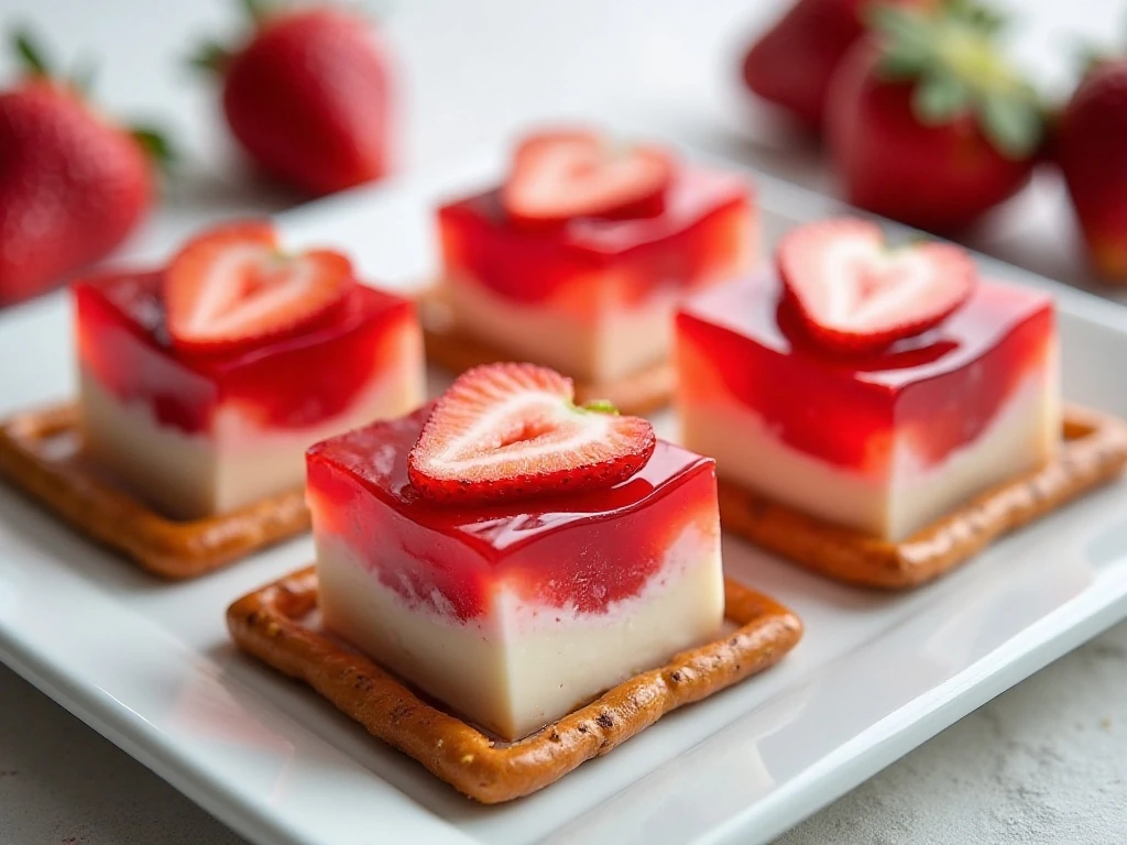 Strawberry pretzel salad squares showing three distinct sweet and salty layers