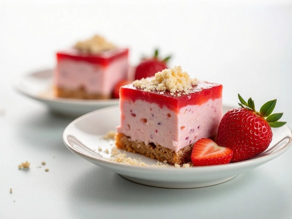 Chilled strawberry pretzel salad served in neat individual squares