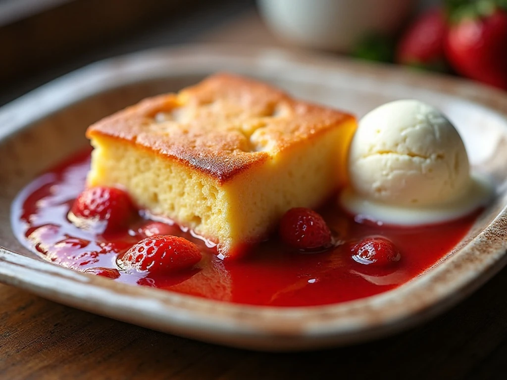 Warm strawberry rhubarb pudding cake served with vanilla ice cream