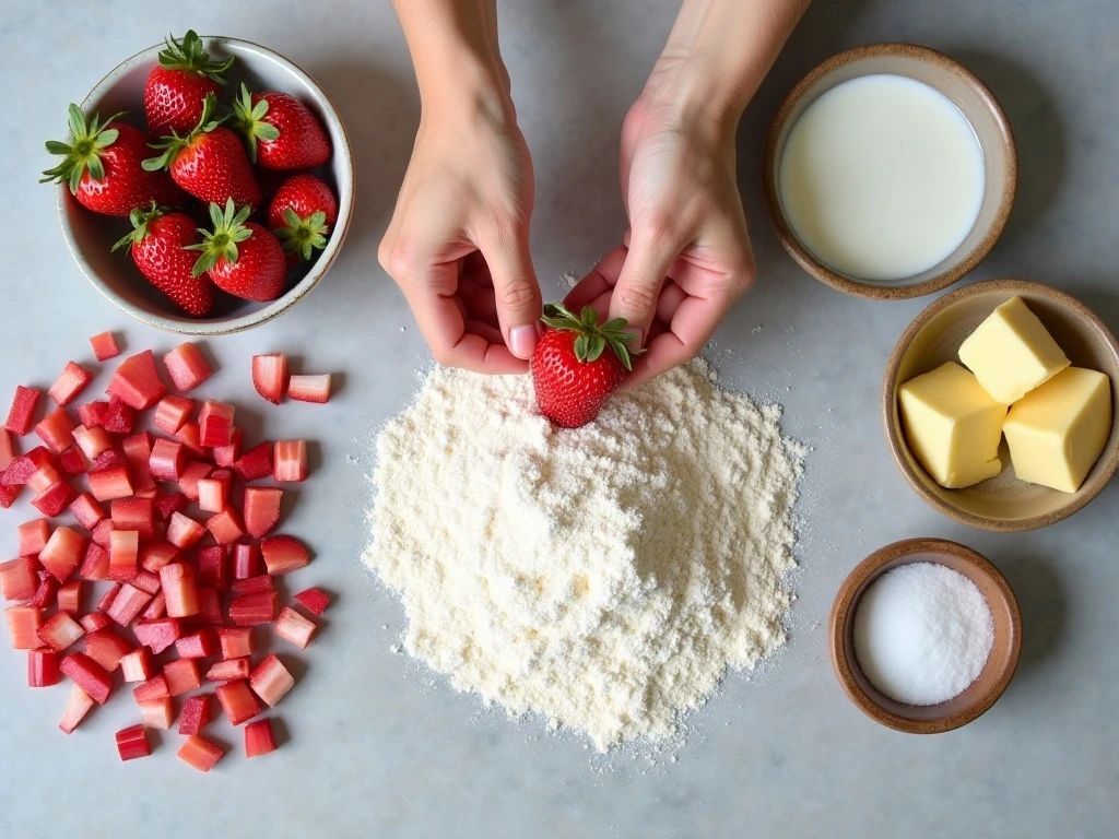 Ingredients for strawberry rhubarb pudding cake