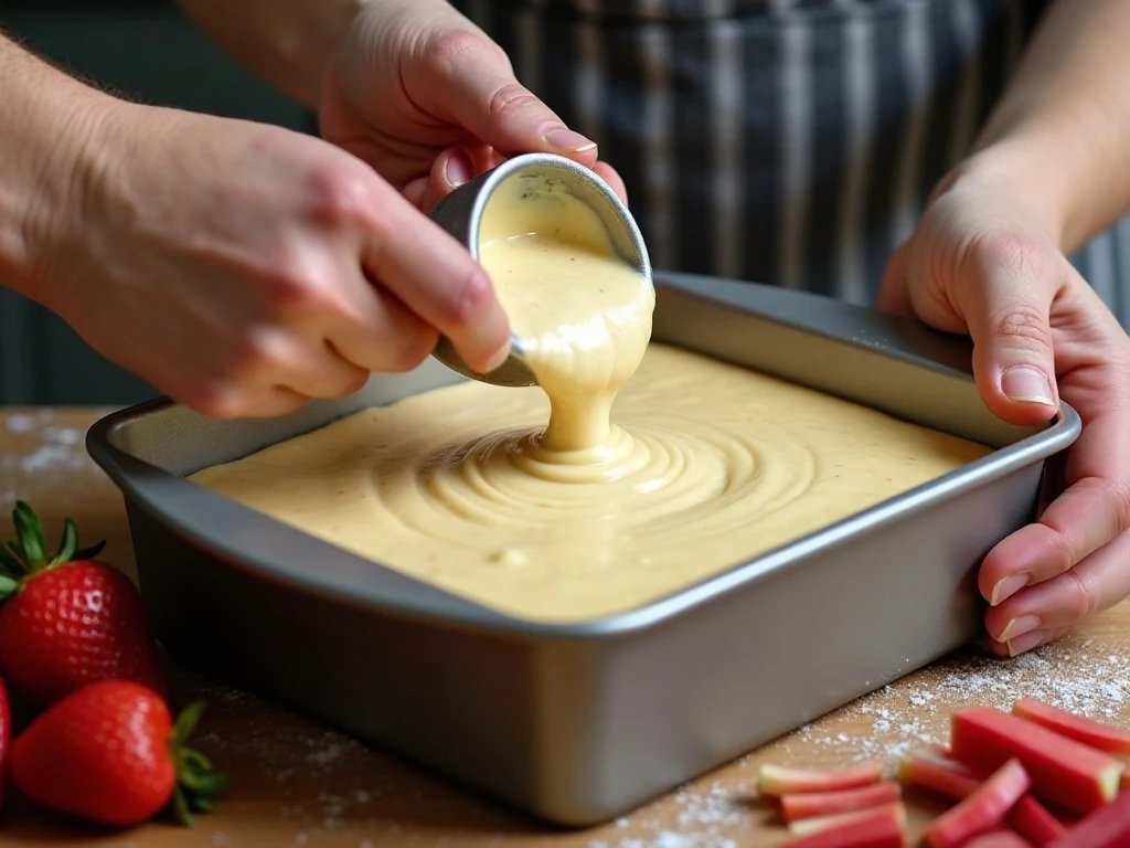 Spreading pudding cake batter in a baking dish