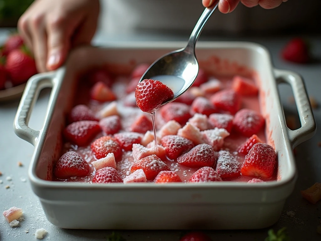 Pouring boiling water over strawberry rhubarb pudding cake layers