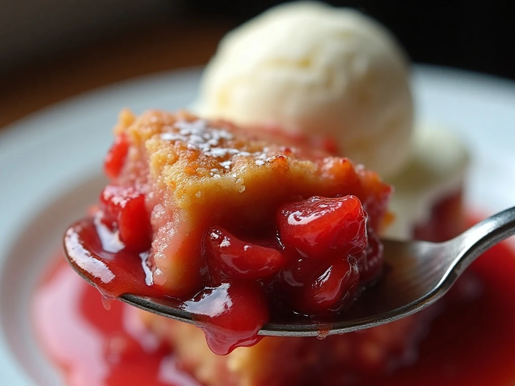 Strawberry rhubarb pudding cake with ice cream and whipped cream