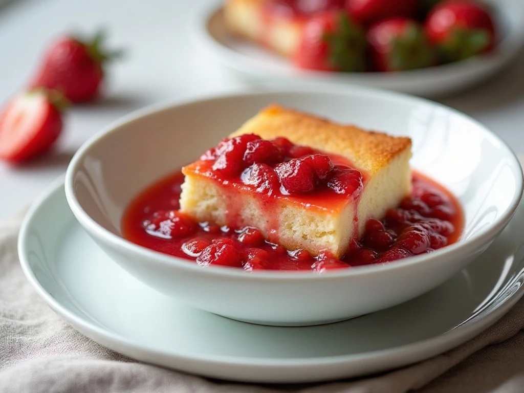 Reheated strawberry rhubarb pudding cake in a serving bowl