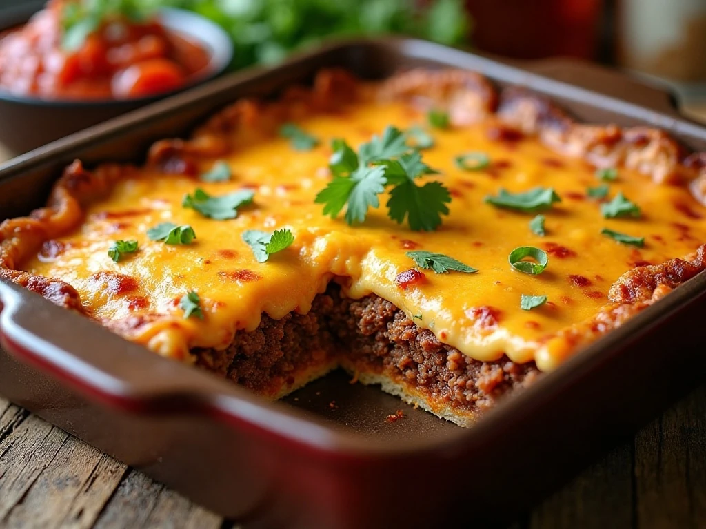 Cheesy taco bake served as a family dinner with visible layered filling