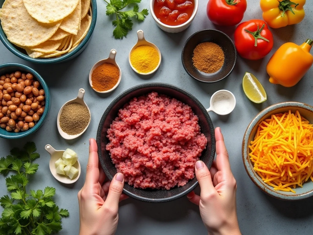 Ingredients for an easy taco bake arranged in a flat lay