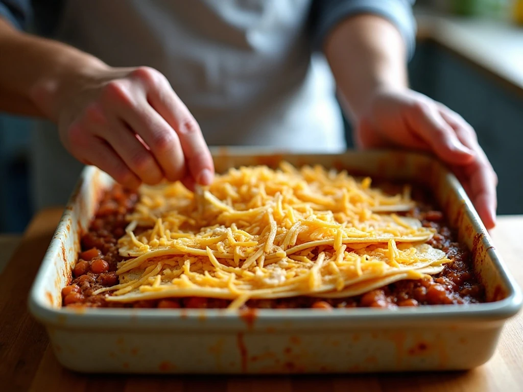 Layering tortillas, beef, beans, salsa, and cheese for taco bake