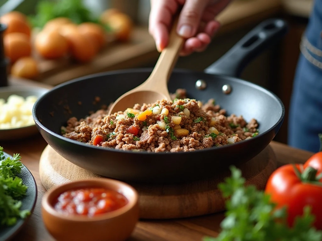 Cooking seasoned beef and warming beans for taco casserole