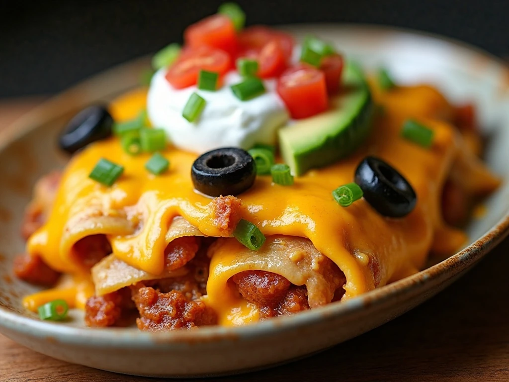 Taco bake topped with tomatoes, olives, green onions, avocado, and sour cream