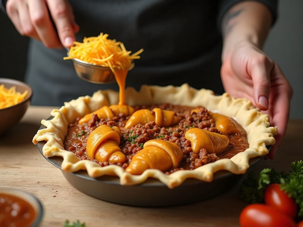 Layering refried beans and seasoned beef into taco pie crust