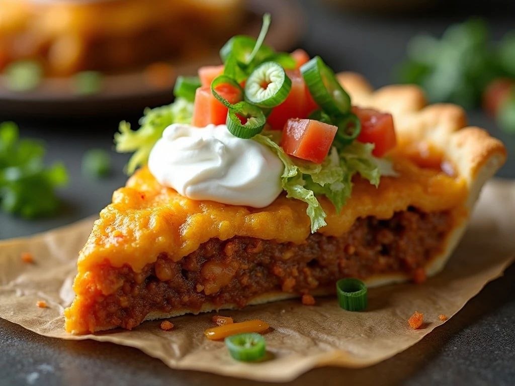 Taco pie slice topped with sour cream, tomato, lettuce, and green onion