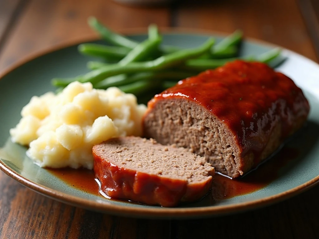 Sliced classic meatloaf served with mashed potatoes and green beans