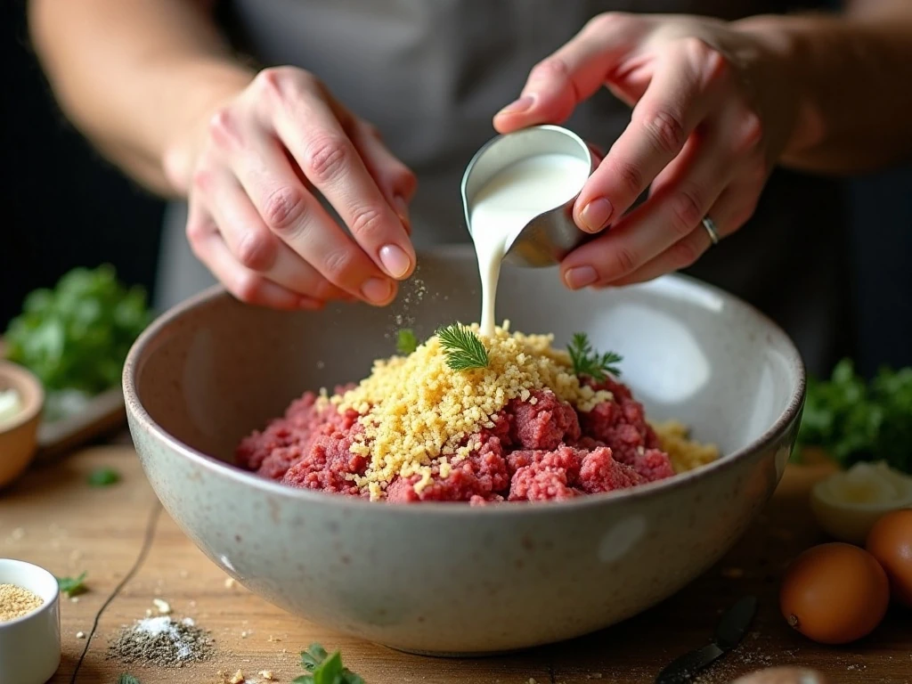 Mixing the meatloaf ingredients gently in a bowl