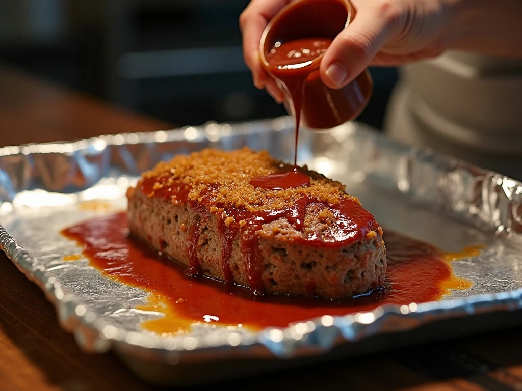 Meatloaf shaped and covered with its ketchup mustard topping