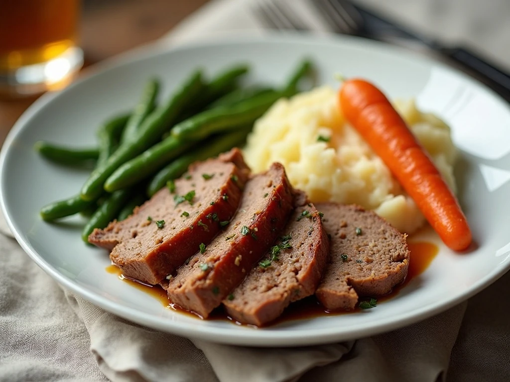 Meatloaf dinner plate with mashed potatoes and vegetables