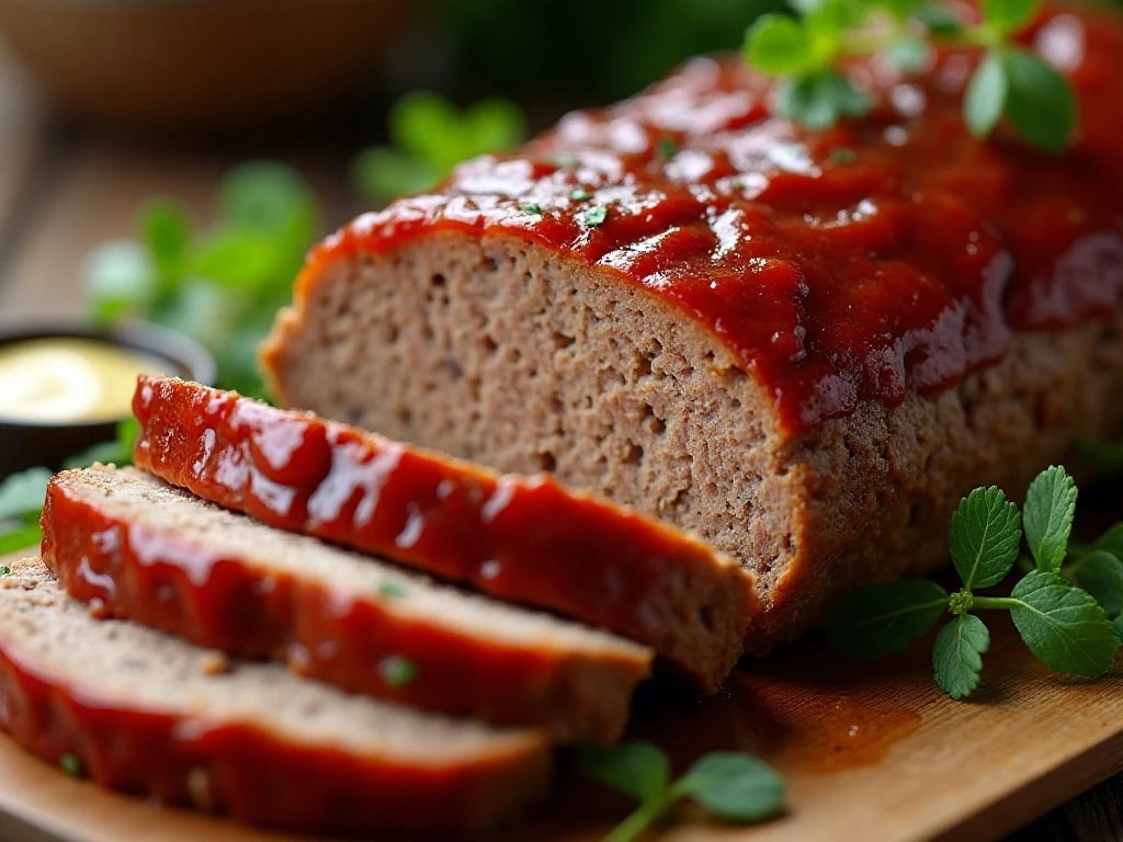 Close-up of tender meatloaf slices ready to serve